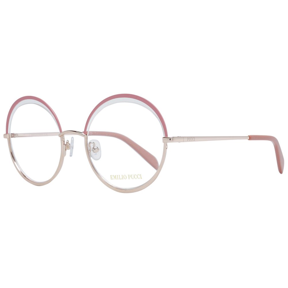 Emilio Pucci Pink Women Glasses Frame - Rose metal half-rim round style with demo lenses, size 53-21-140, includes branded case.