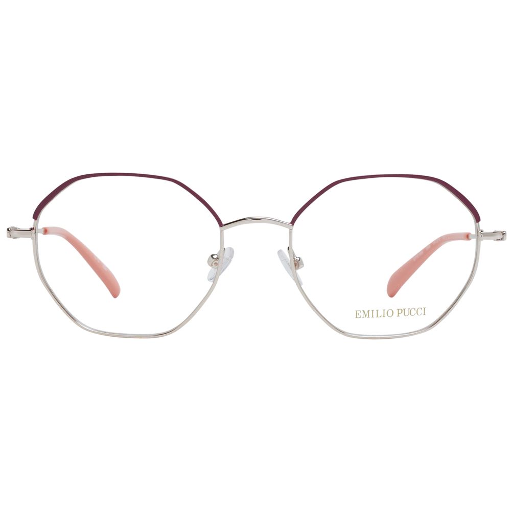 Emilio Pucci Red Women Glasses Frame, metal full-rim with demo plastic lenses, round style with branded case included.
