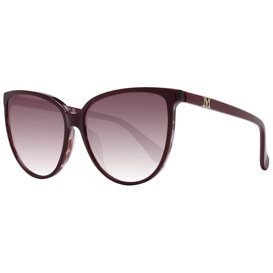 Max Mara burgundy sunglasses for women with full-rim plastic frame, gradient lenses, butterfly style. Includes branded case. UVA & UVB protection.