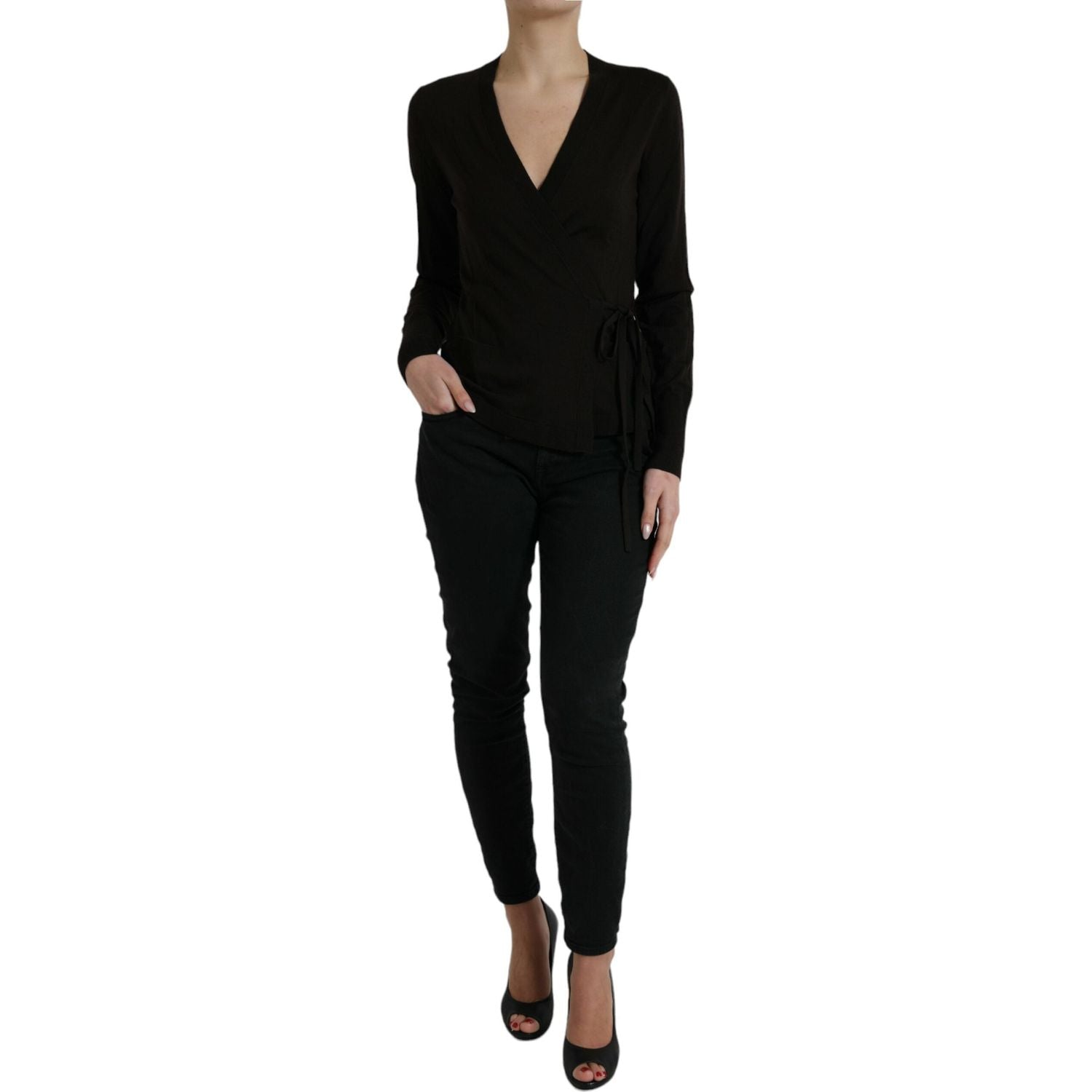 Dolce & Gabbana Black Wool V-neck Crossed Cardigan Sweater