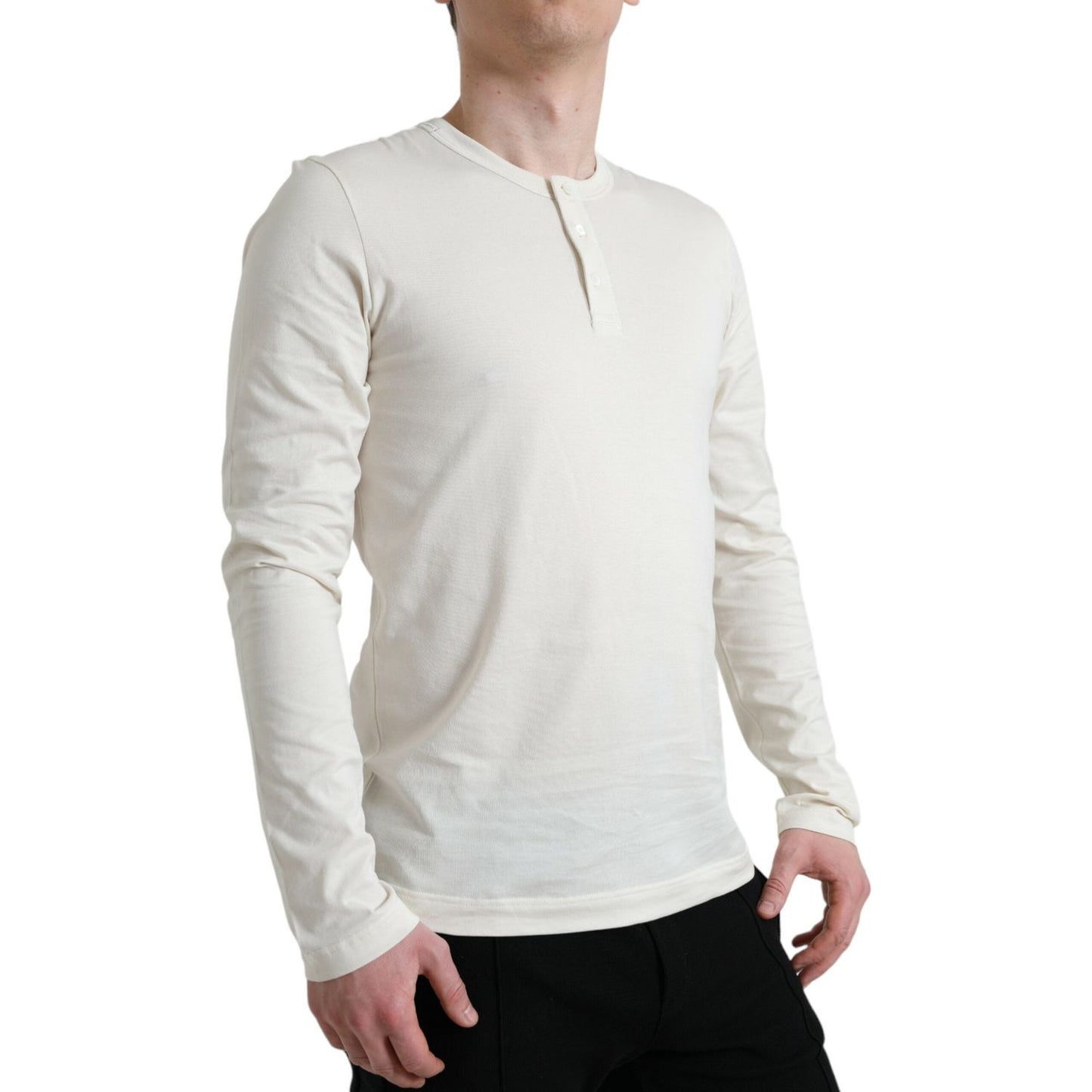 Dolce & Gabbana Off White Cotton Henley Pullover Sweater