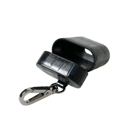 Dolce & Gabbana Black Crocodile Leather Silver Metal Logo Airpods Case