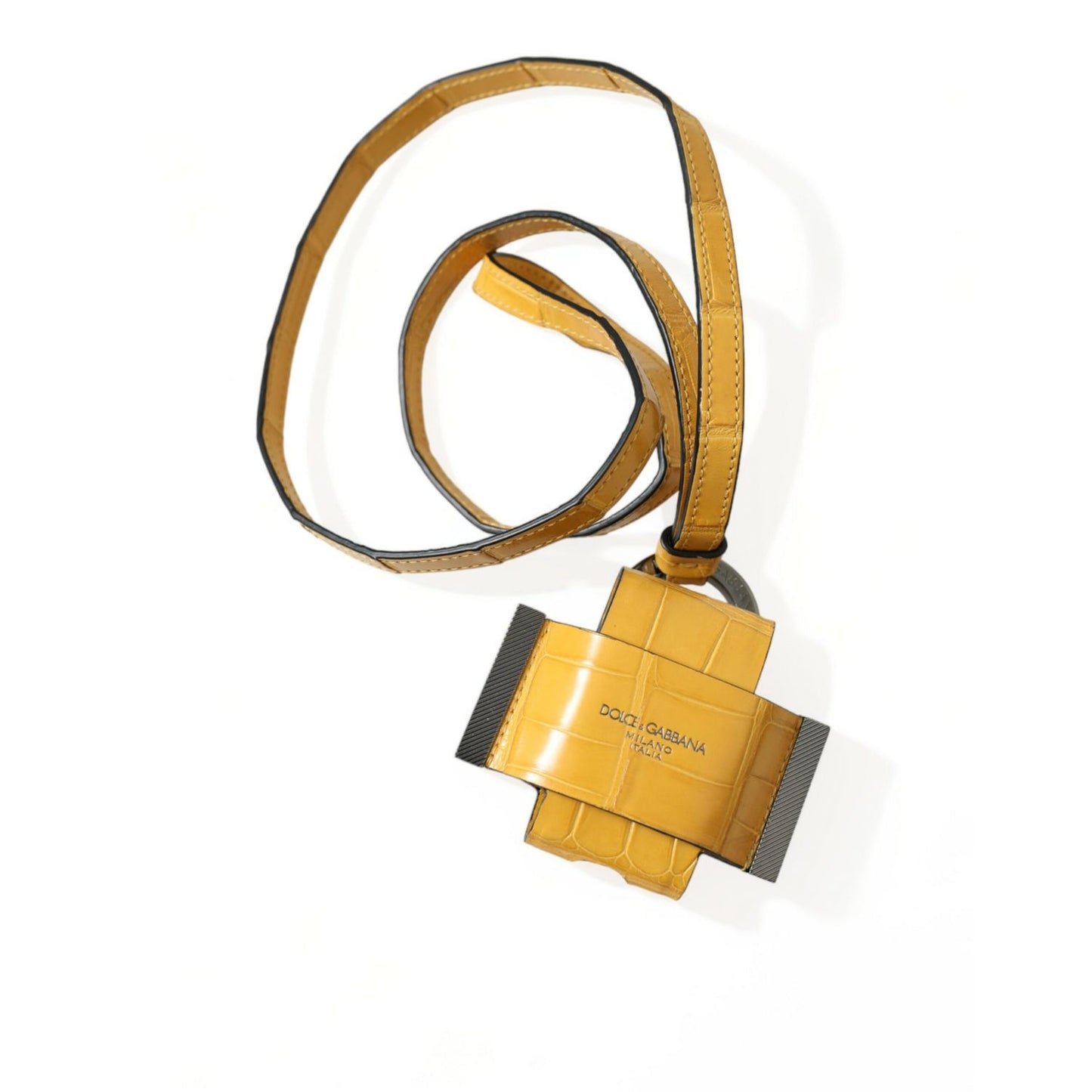 Dolce & Gabbana Yellow Crocodile Leather Logo Print Lanyard Keychain