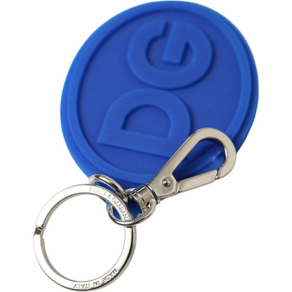 Dolce & Gabbana Blue Rubber DG Logo Silver Brass Metal Keyring Keychain