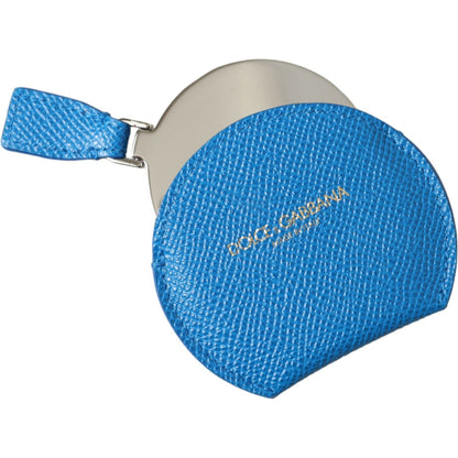 Dolce & Gabbana Blue Calfskin Leather Round Logo Hand Mirror Holder