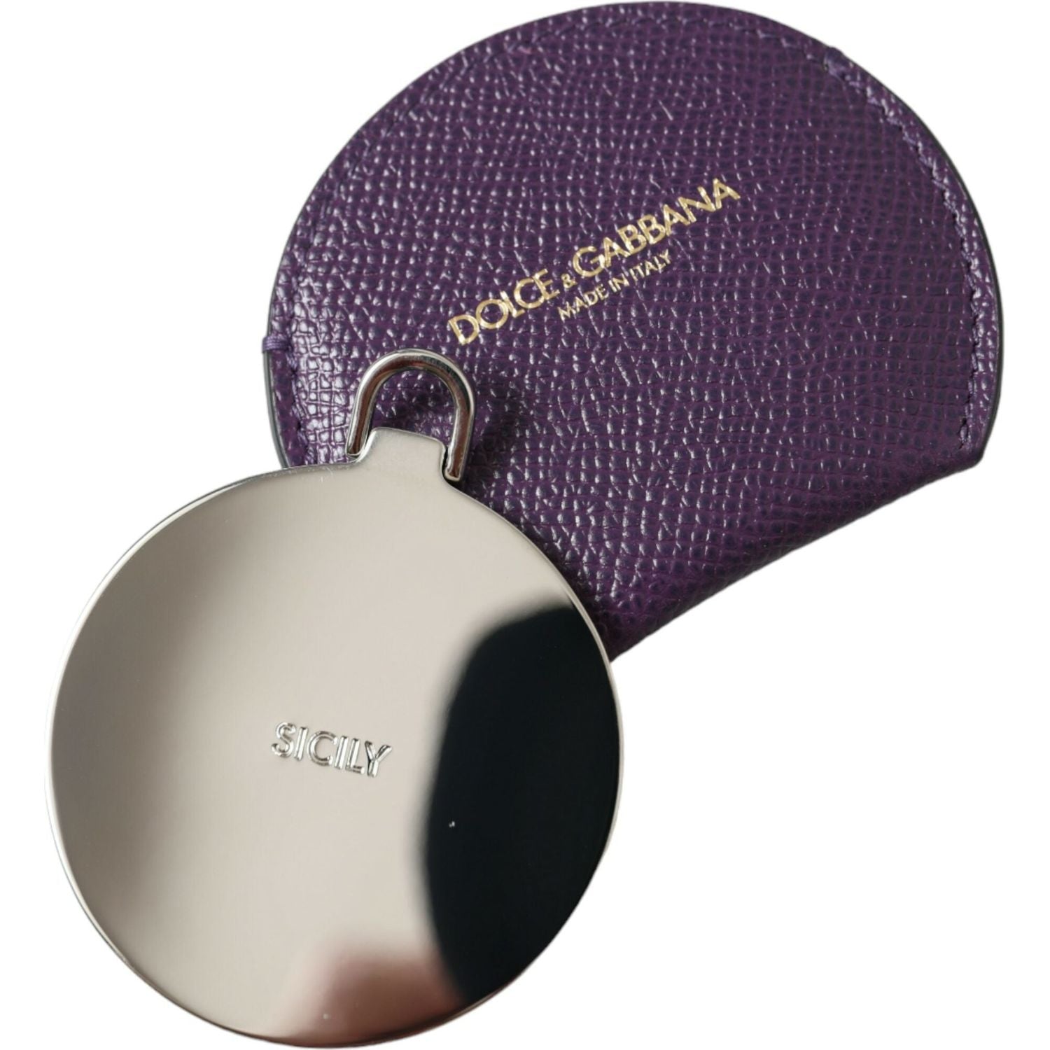 Dolce & Gabbana Purple Calfskin Leather Round Logo Hand Mirror Holder