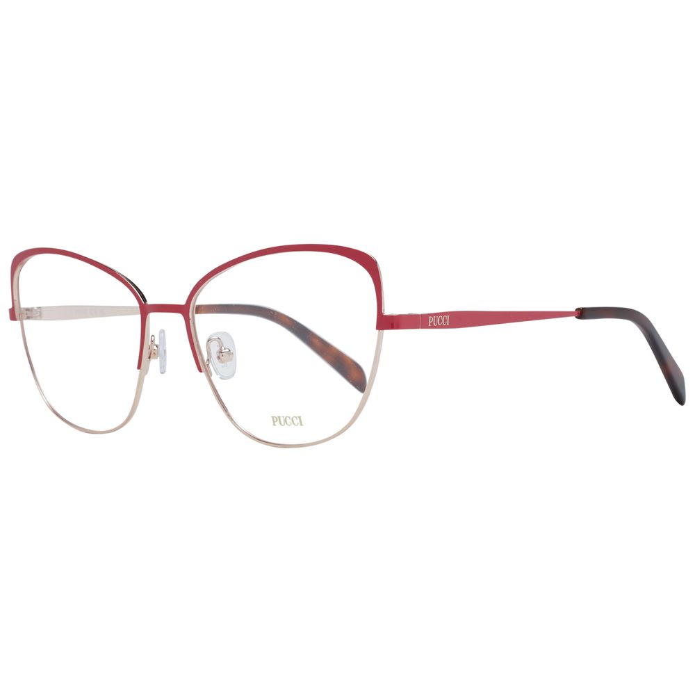 Emilio Pucci Red Women Glasses Frame, metal full-rim cat eye style with demo plastic lenses, size 56-16-140.