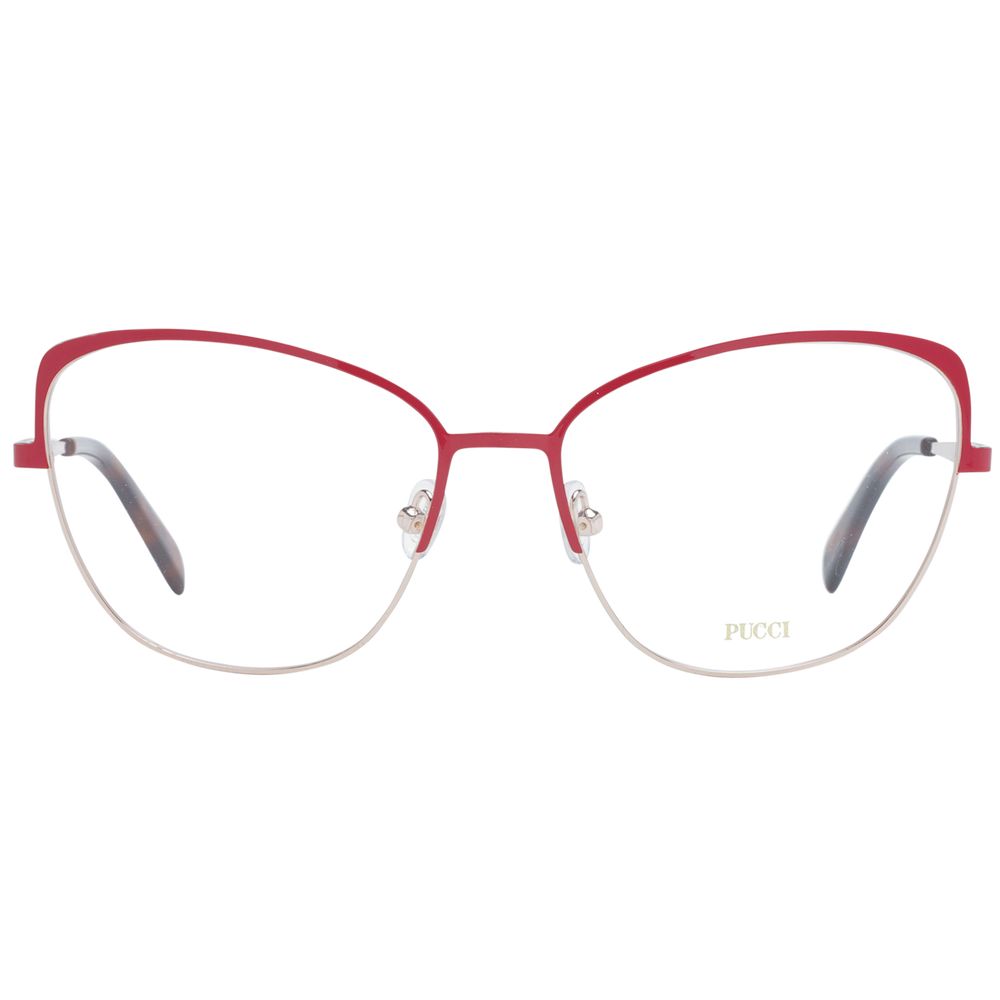 Emilio Pucci Red Women Glasses Frame, metal full-rim cat eye style with demo lenses, 56-16-140 size, includes branded case.