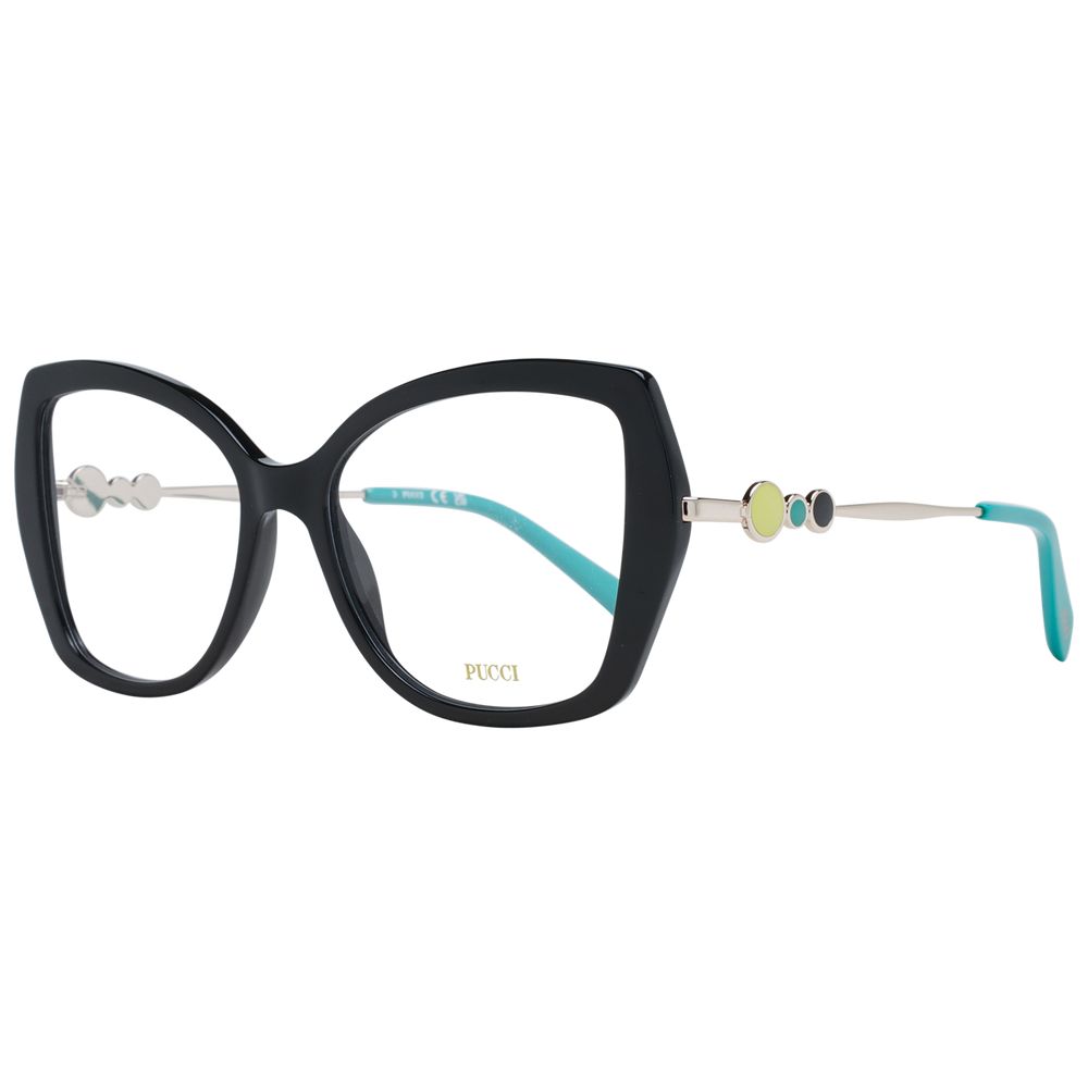 Emilio Pucci Black Women Glasses Frame, black plastic full-rim butterfly style with unique temple design, includes branded case.