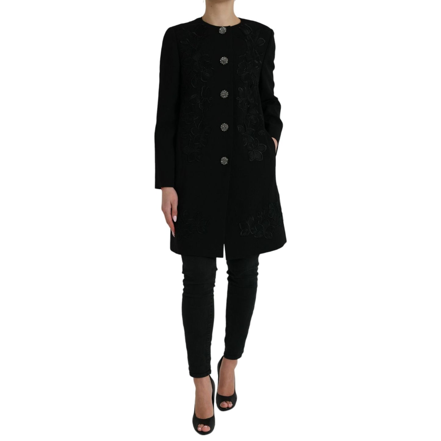 Dolce & Gabbana Black Floral Wool Button Embellished Jacket