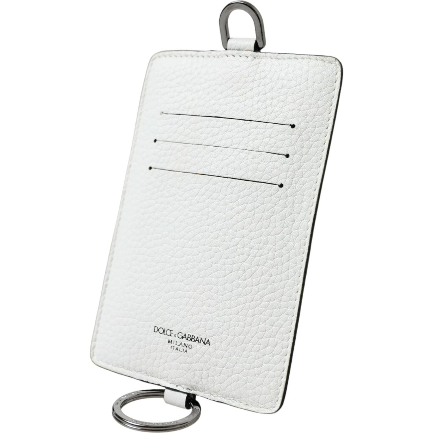 Dolce & Gabbana White Calf Leather Lanyard Logo Card Holder Wallet