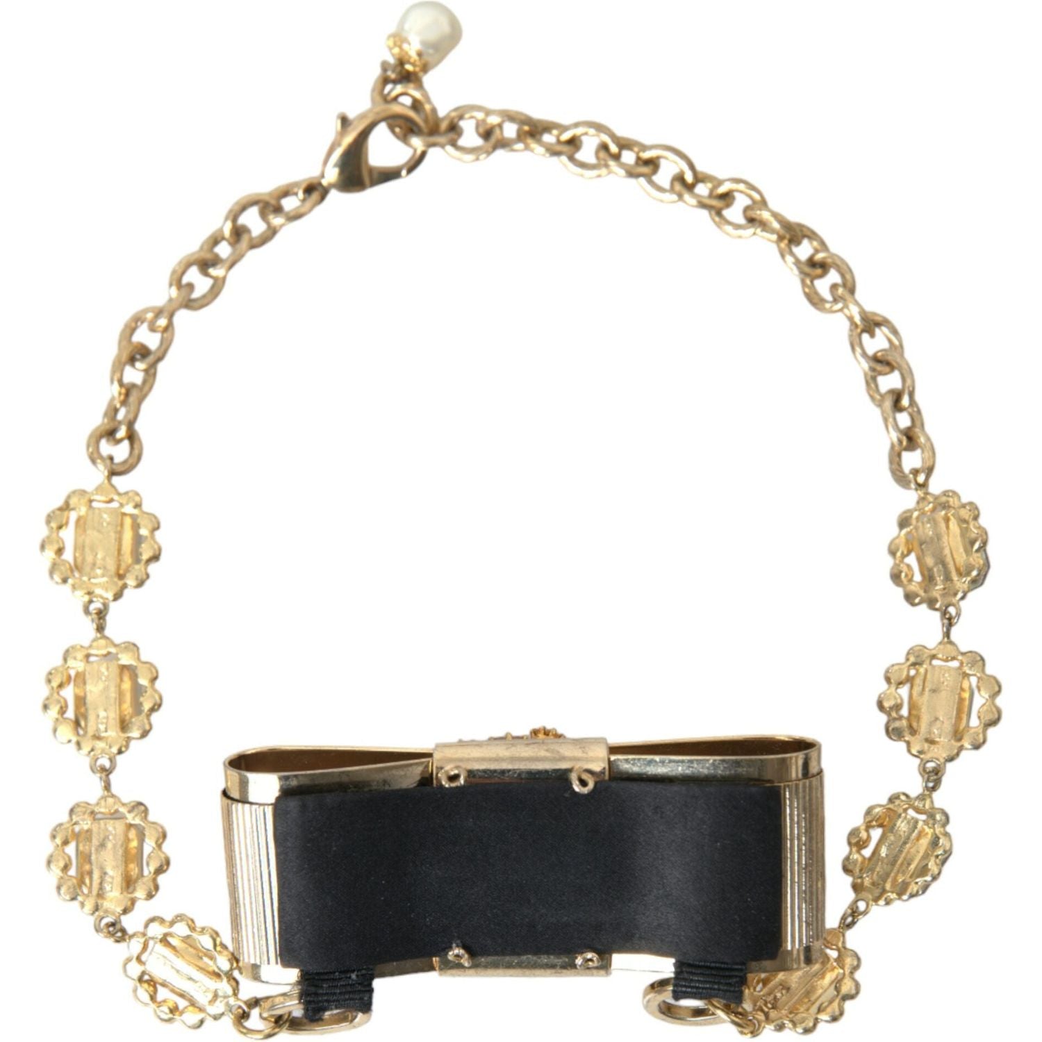 Dolce & Gabbana Gold Brass Clear Crystal Bow Chain Choker Necklace