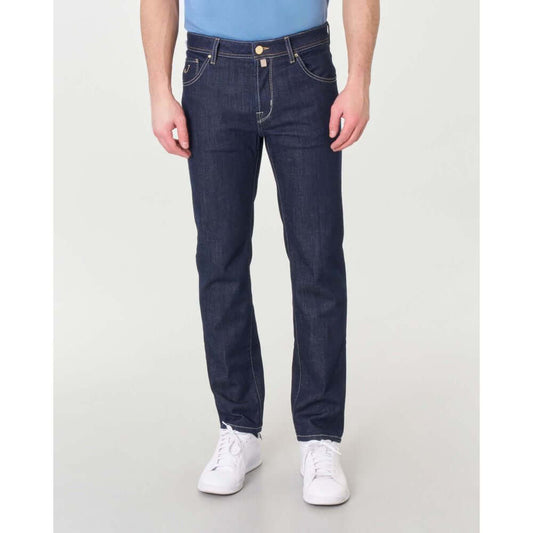 Jacob Cohen blue cotton jeans, lightly stretch denim, five-pocket design, yellow suede patch, made in Italy.