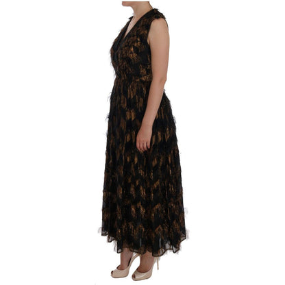 Dolce & Gabbana Black Silk Brown Fringes A-Line Dress