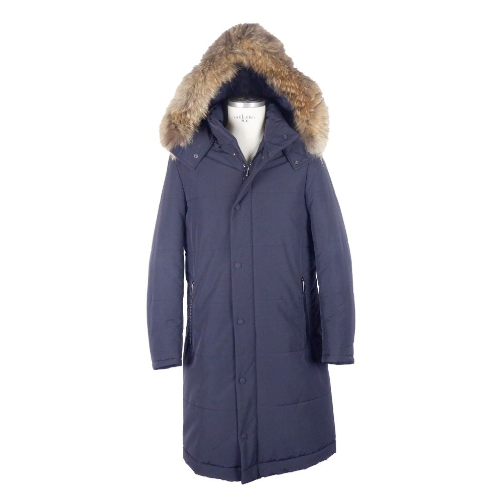 Made in Italy Blue Wool Men's Raincoat with fur-lined hood, designed from Loro Piana fabric for luxury and warmth.