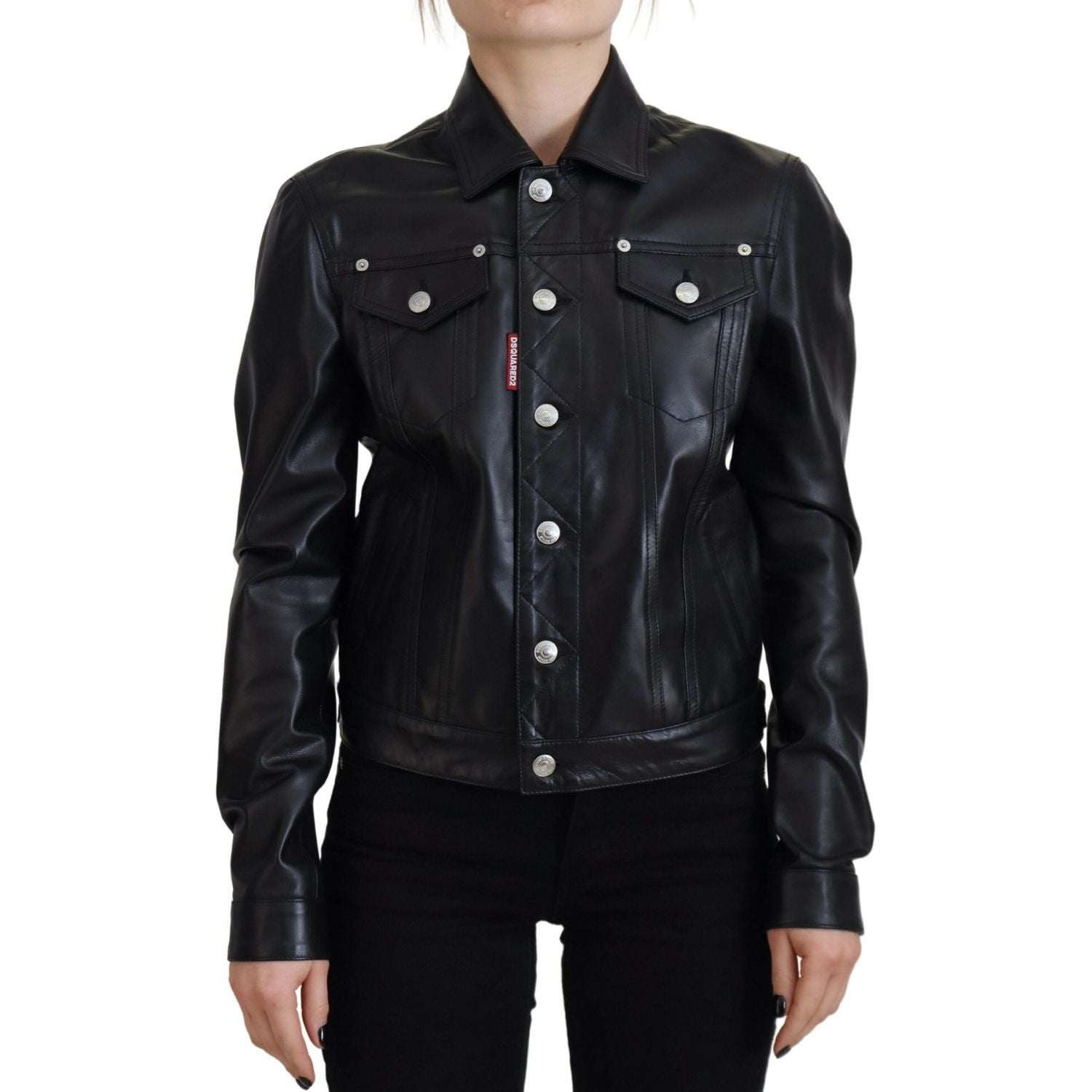 Dsquared² Black Leather Collared Long Sleeves Jacket