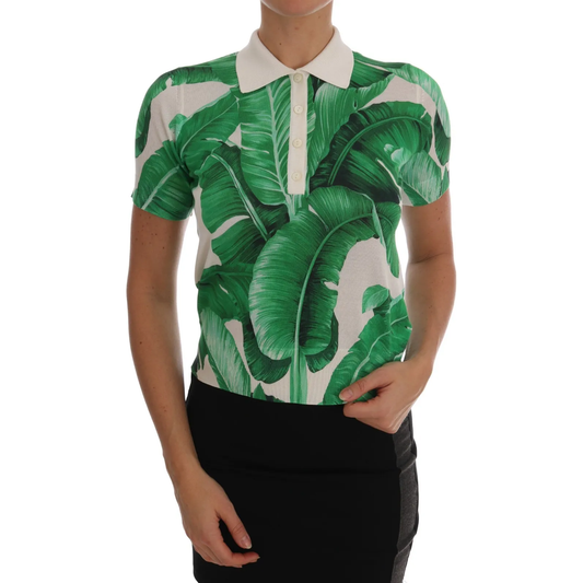 Dolce & Gabbana Green Banana Print Silk Polo T-shirt TSH1645-38