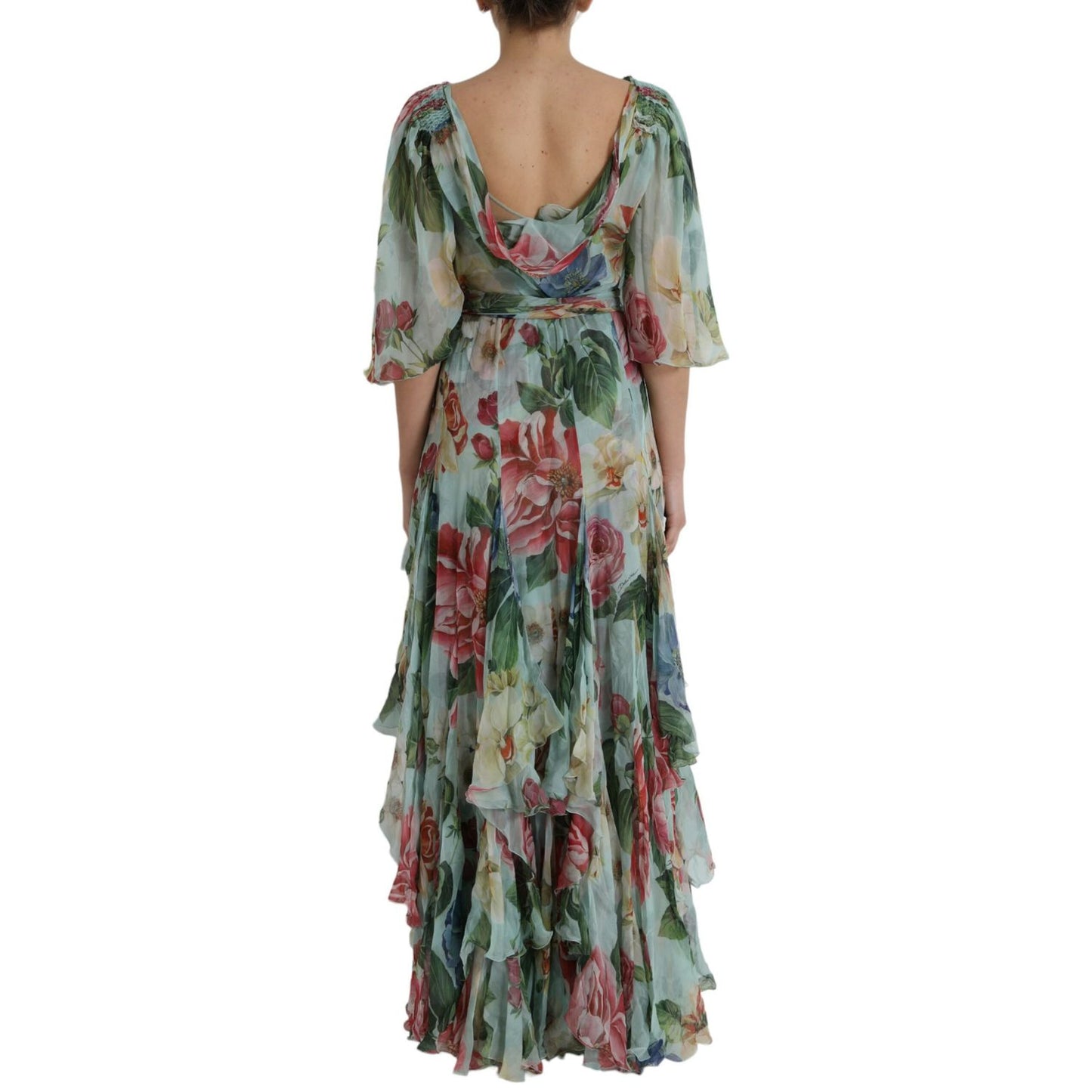 Dolce & Gabbana Blue Floral Print Tiered Long Maxi Dress
