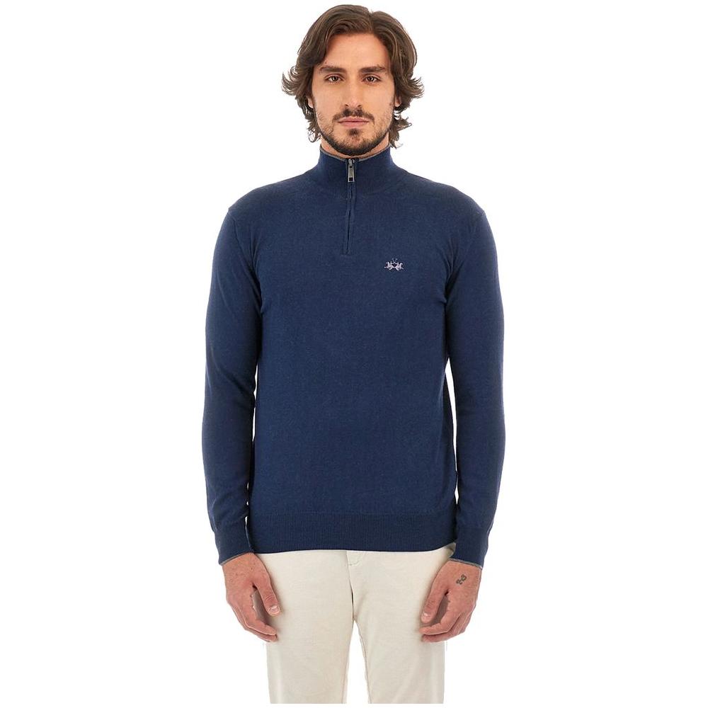 La Martina Blue Wool Men Sweater with Half Zip Closure