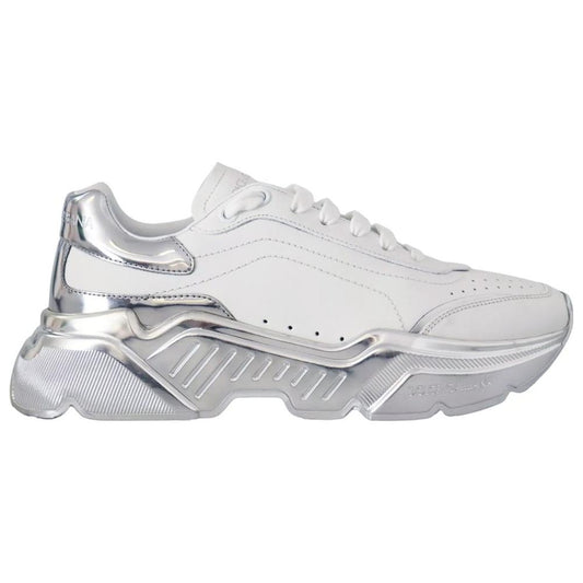 Dolce & Gabbana white calfskin men's sneaker with silver-tone sole, featuring mirrored patent leather accents, luxury Italian footwear.