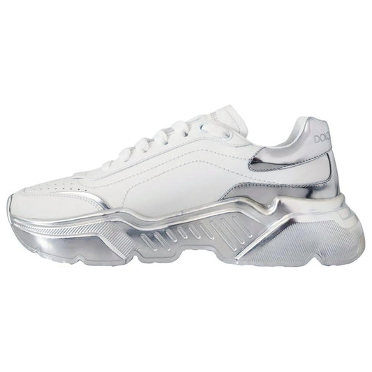Dolce & Gabbana white calfskin men sneaker with silver accents and rubber sole, blending luxury with modern style.