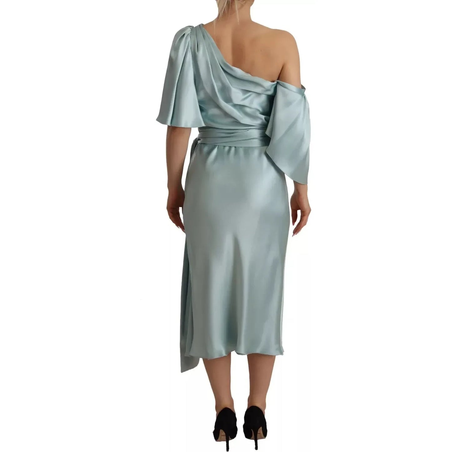 Dolce & Gabbana Silk Mint Green Fit Cut One Shoulder Midi Dress DR28280