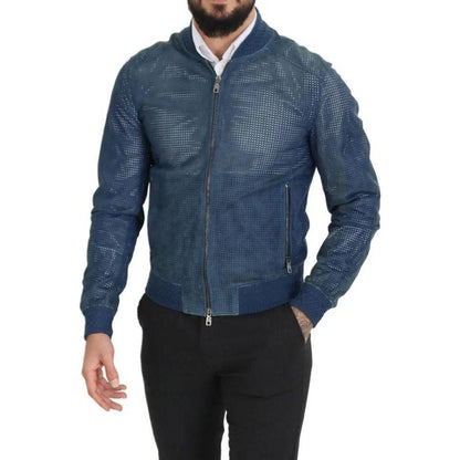 Dolce & Gabbana Blue Leather Perforated Full Zip Jacket