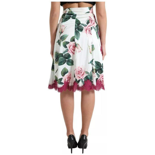Dolce & Gabbana White Rose Print High Waist Midi A-line Skirt SKI1921-40