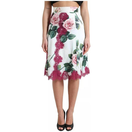 Dolce & Gabbana White Rose Print High Waist Midi A-line Skirt SKI1921-40