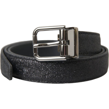 Dolce & Gabbana Black Glittered Leather Silver Buckle Belt