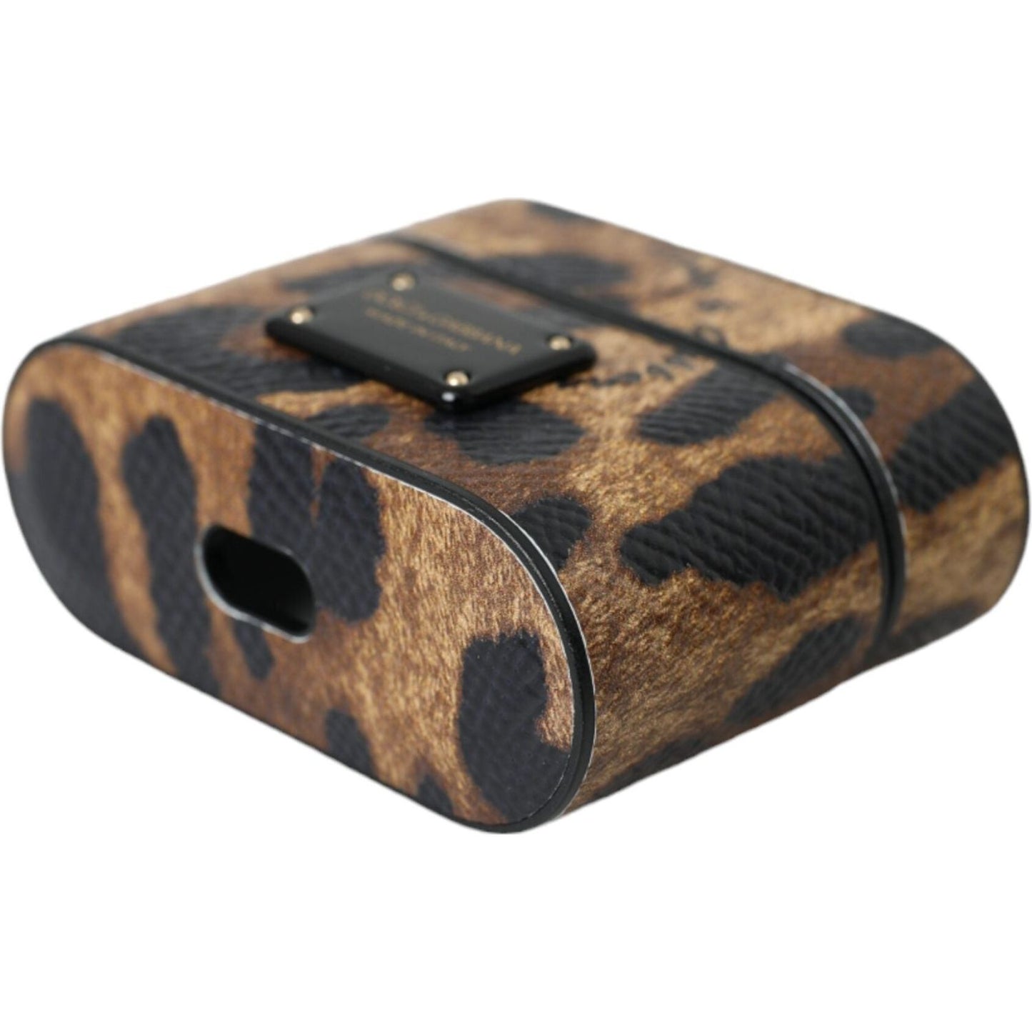 Dolce & Gabbana Brown Leopard Calf Leather Metal Logo Plaque Airpods Case