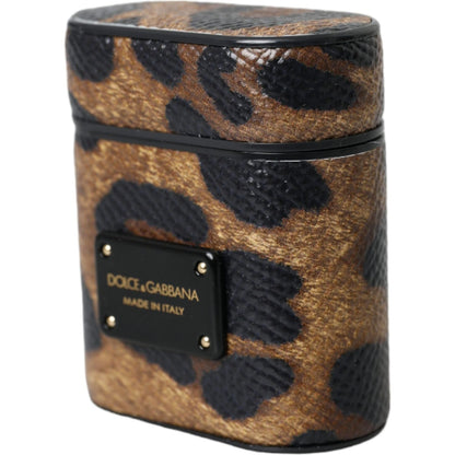 Dolce & Gabbana Brown Leopard Calf Leather Metal Logo Plaque Airpods Case
