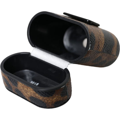 Dolce & Gabbana Brown Leopard Calf Leather Metal Logo Plaque Airpods Case