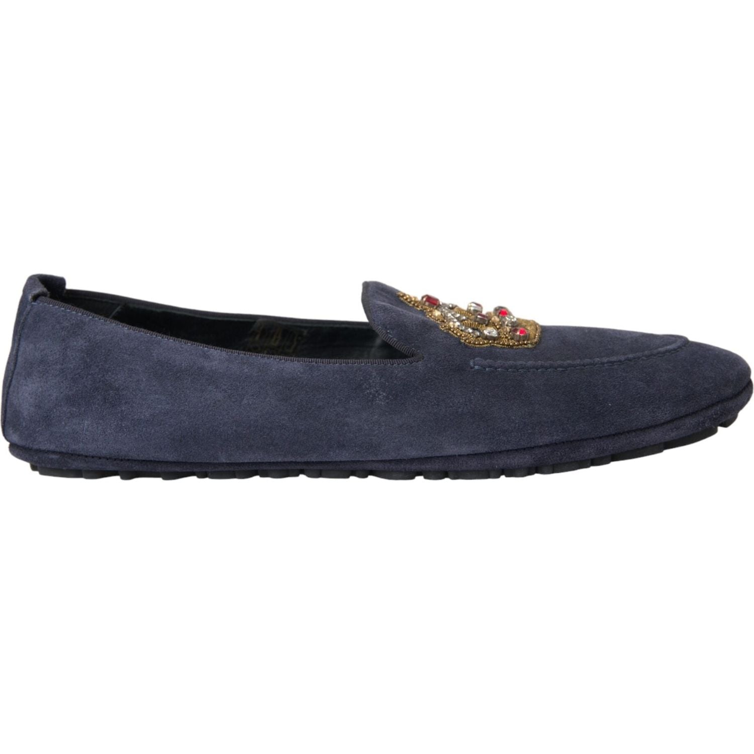 Dolce & Gabbana Blue Leather Suede Crystal Crown Loafers Shoes