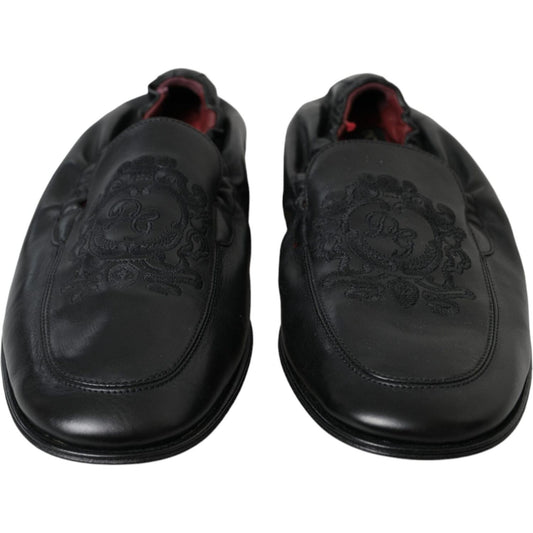 Dolce & Gabbana Black Logo Embroidered Leather Loafer Men Dress Shoes MV5649-39