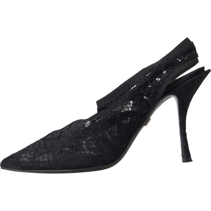 Dolce & Gabbana Black Lace Stretch Heels Slingbacks Shoes