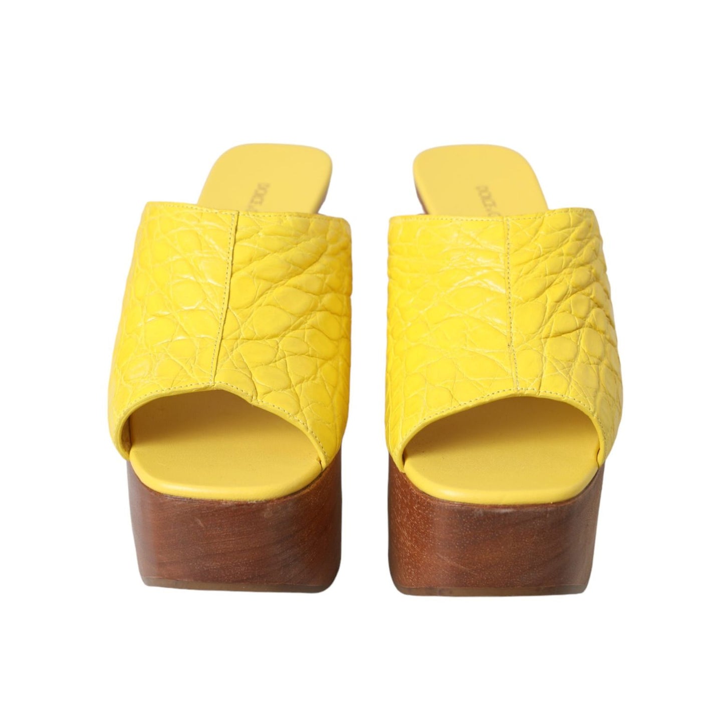 Dolce & Gabbana Yellow Leather Wood Mule Wedge Slides Shoes