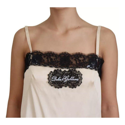 Dolce & Gabbana Beige Lace Spaghetti Logo Embroidery Top
