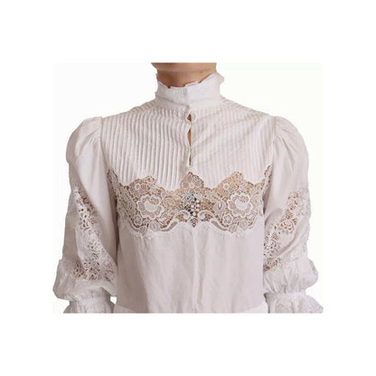 Dolce & Gabbana White Cotton Lace Trim Turtle Neck Blouse Top