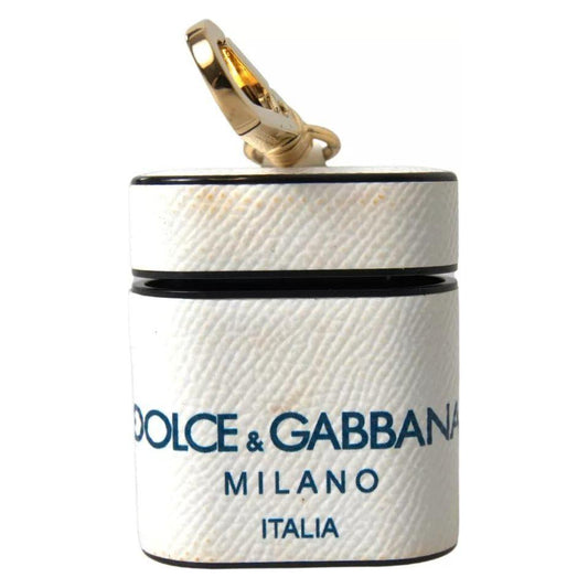Dolce & Gabbana White Blue Calf Leather Logo Print Strap Airpods Case SMY101189