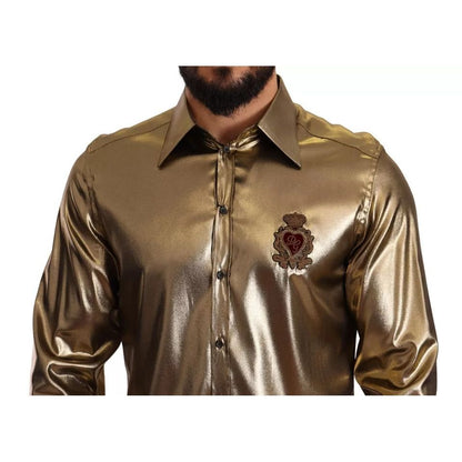 Dolce & Gabbana Metallic Gold DG Embroidered Crown Silk Top Shirt