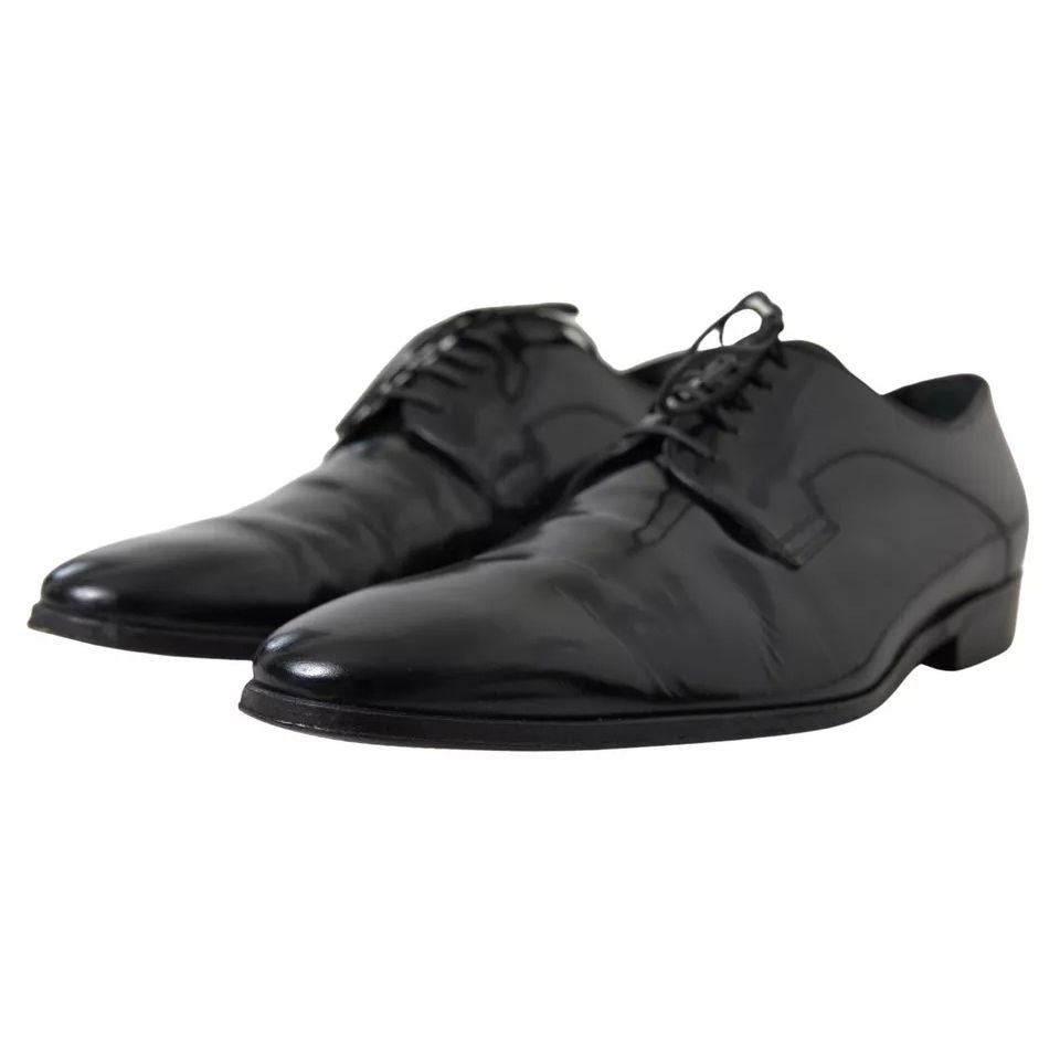 Dolce & Gabbana Black Polished Leather Formal Dress Shoes, exquisite men's footwear with logo details, slightly preowned.