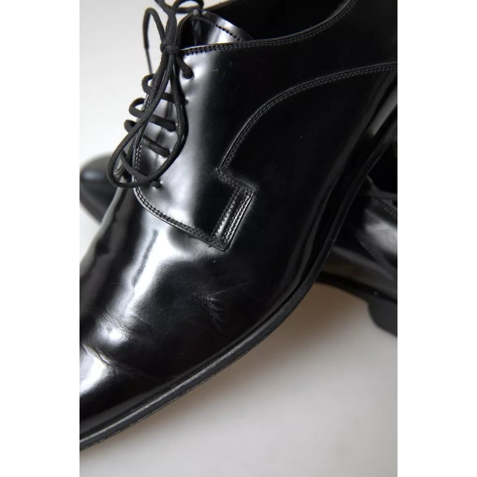 Dolce & Gabbana Black Polished Leather Formal Dress Shoes with lace-up design, featuring logo details and leather outer sole.