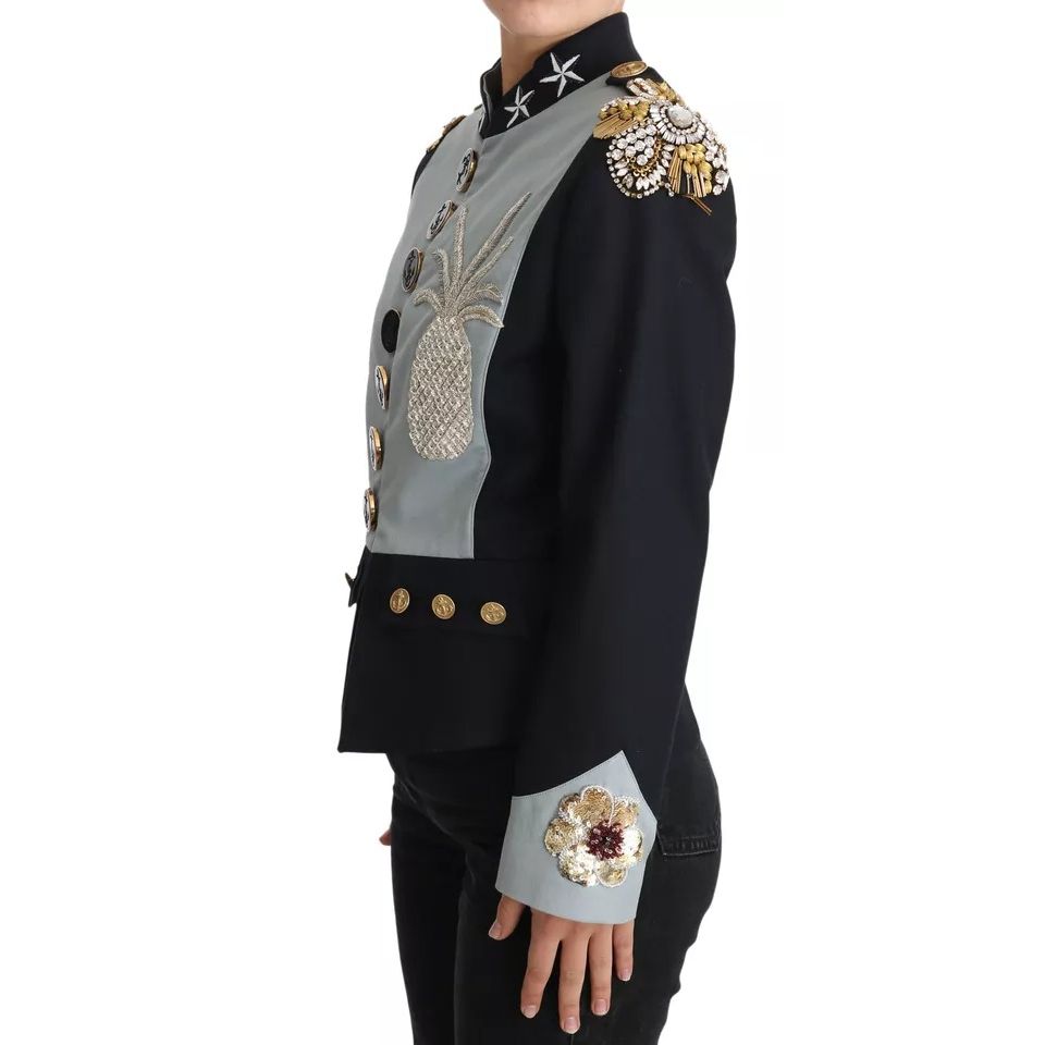 Dolce & Gabbana Blue Button Crystal Embellished Cotton Jacket