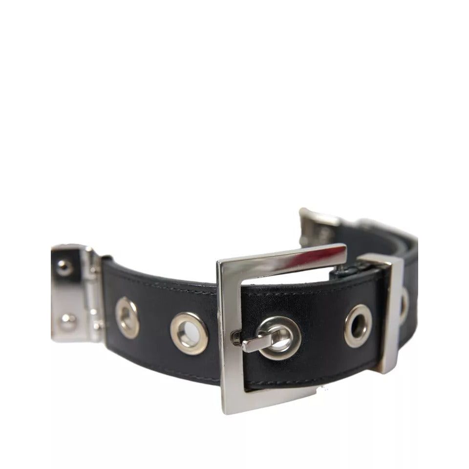 Dolce & Gabbana Black Leather Beige Strap Silver Metal Buckle Belt