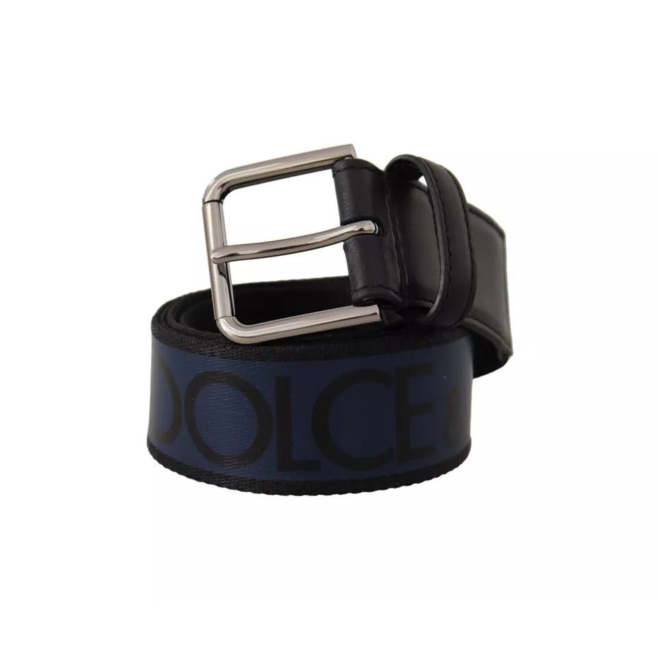 Dolce & Gabbana Blue Black Logo Print Silver Buckle Belt