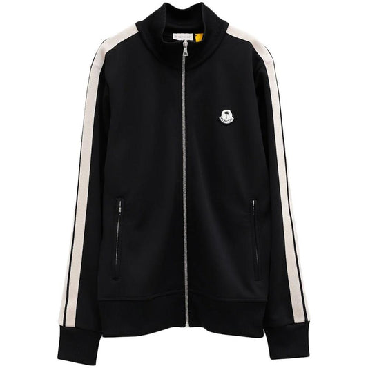 Moncler x Palm Angels black polyester sweater with side stripes, zipper closure, and embossed logo.