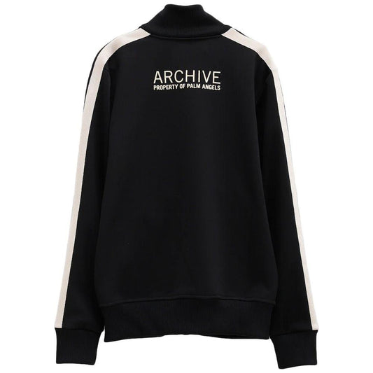 Moncler x Palm Angels black sweater with side stripes and embossed logo, featuring "ARCHIVE" text on the back.