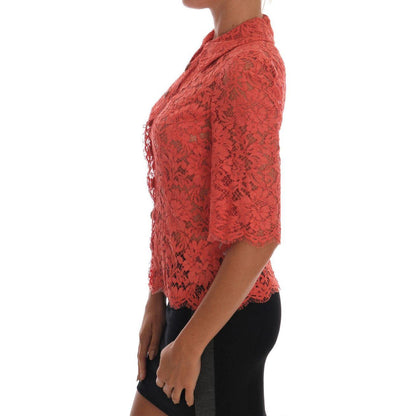 Dolce & Gabbana Orange Crystal Buttons Floral Lace Blouse