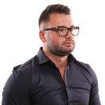 Man wearing Lozza Brown Men Glasses Frame with full-rim plastic design on white background.